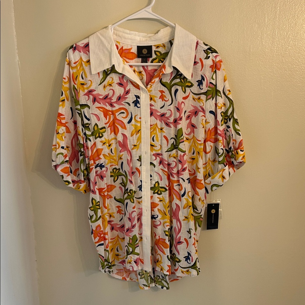 Floral Multicolor Linen/Rayon Women’s  Shirt Large